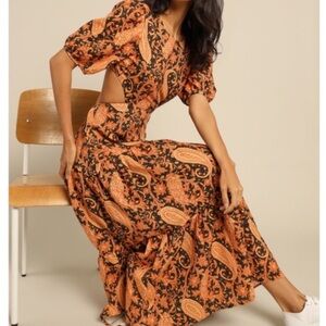 Charlie Holiday Black and Orange Paisley Midi Dress with Cutouts
